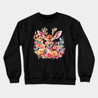 A deer decorated with beautiful watercolor flowers Crewneck Sweatshirt